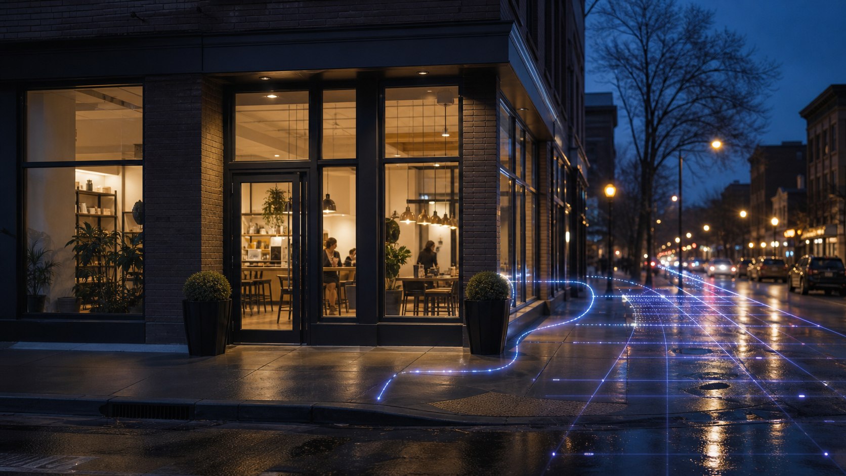 A warmly lit local storefront being bypassed by a digital search grid