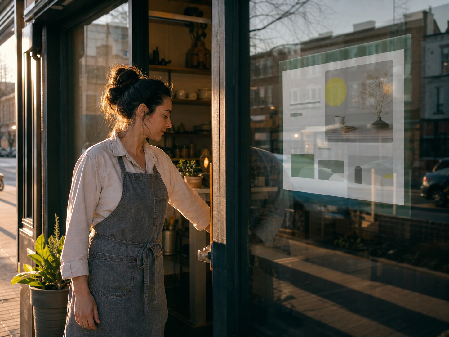 A small-business owner opening a storefront while a modern website is reflected in the glass