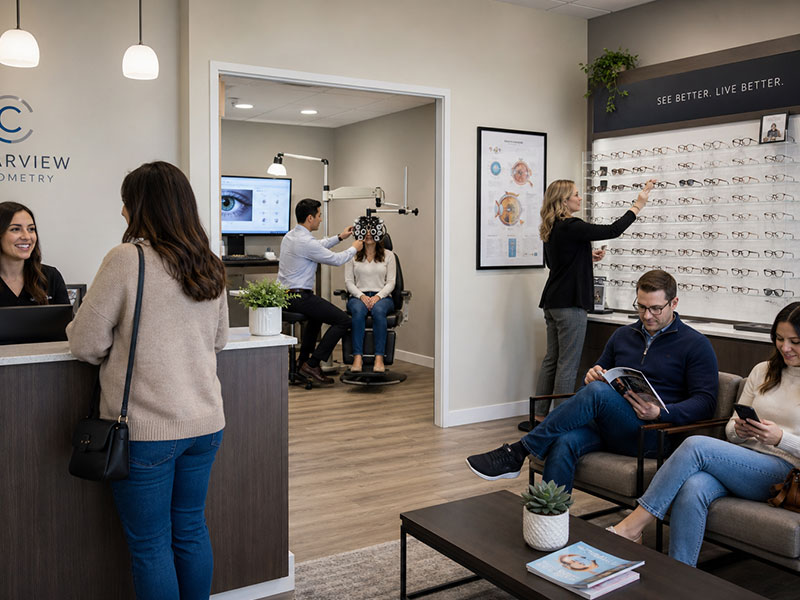 Optometry office with patients
